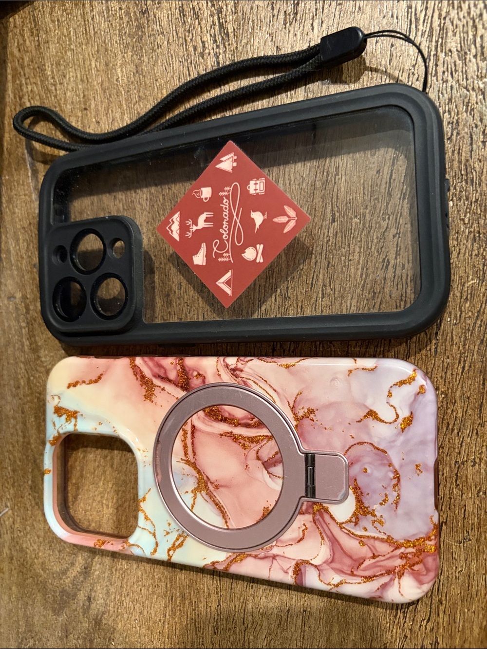 Pink Marble Ring Grip Phone Case & waterproof Black Protective Case 14 Pro